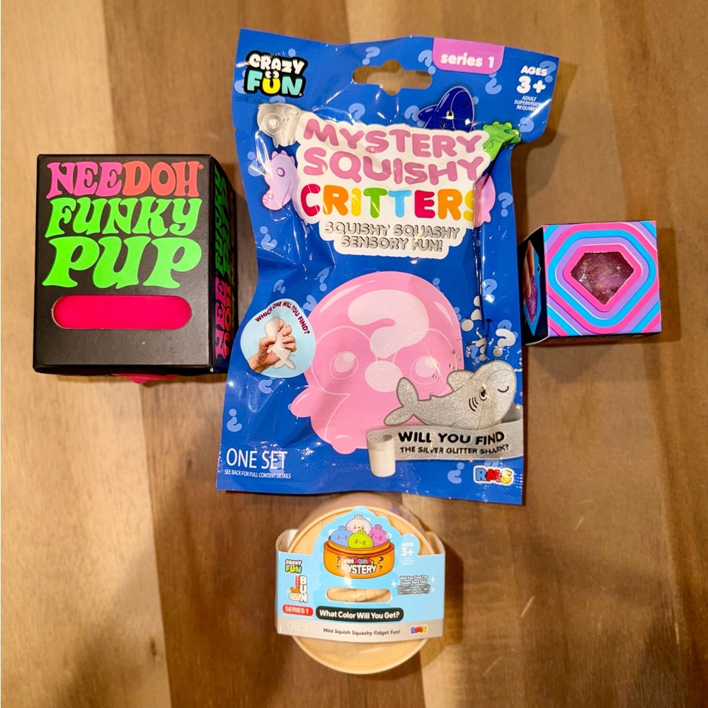 Mystery Mini Dumpling, Critter, Pink NeeDoh Funky Pup & Pink Groovy Jewel!
